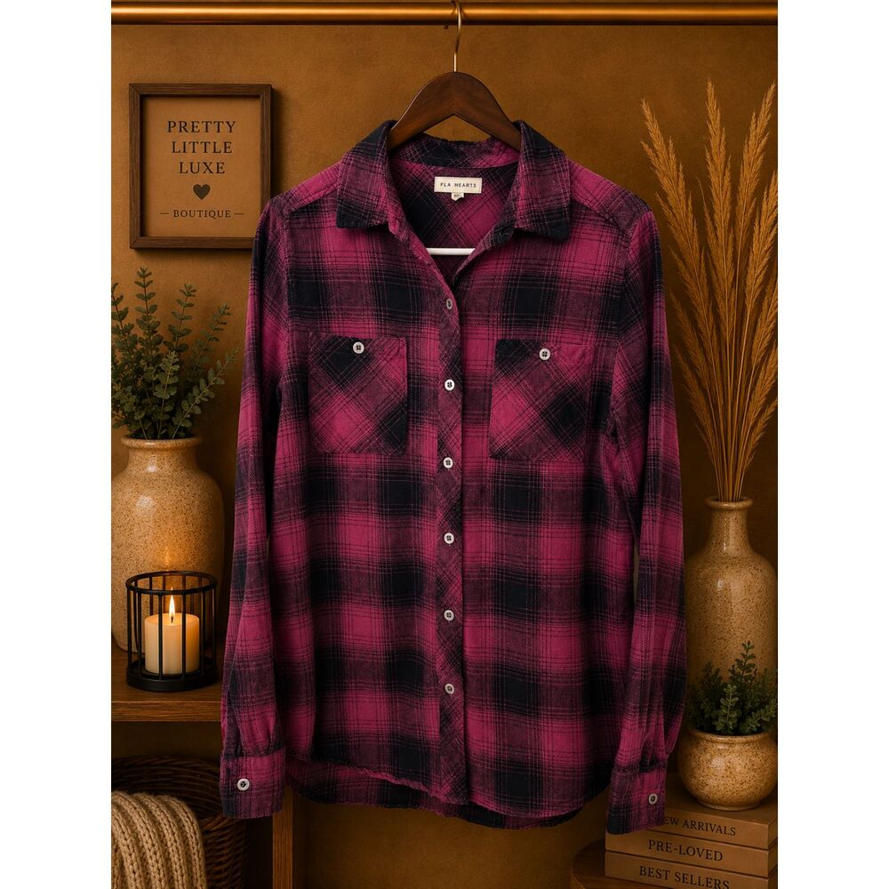L.A. Hearts Burgundy Plaid Flannel Button Down Shirt- Small-